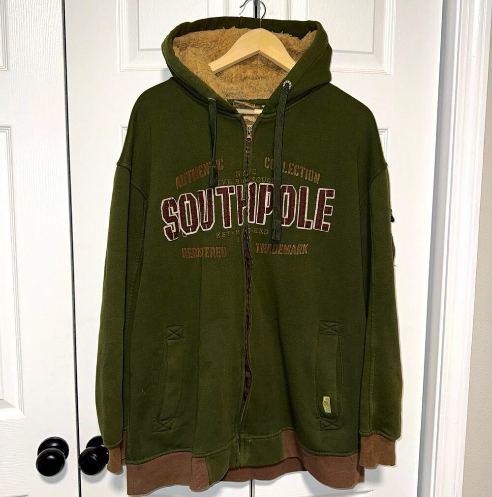 Southpole Men’s XL Green Full Zip Sherpa Lined Hoodie Graphic Logo Print